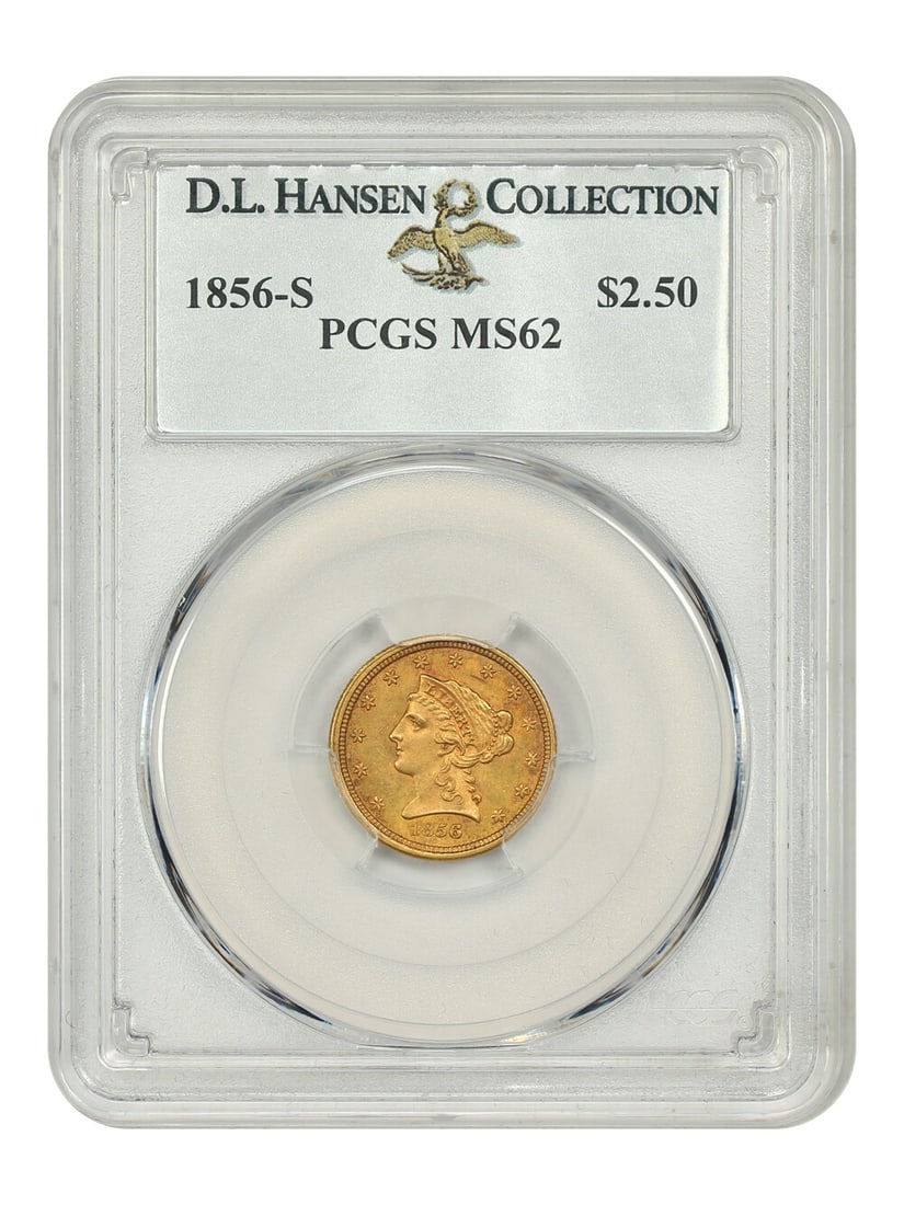 1856-S $2.50 Liberty Head Gold Coin PCGS MS62 Scarce S-Mint: 1856-S $2.50 Liberty Head Gold Coin PCGS MS62 Scarce S-Mint This stunning 1856-S $2.50 Liberty Head Quarter Eagle is certified by PCGS with a grade of MS62, indicating its uncirculated condition. Stru