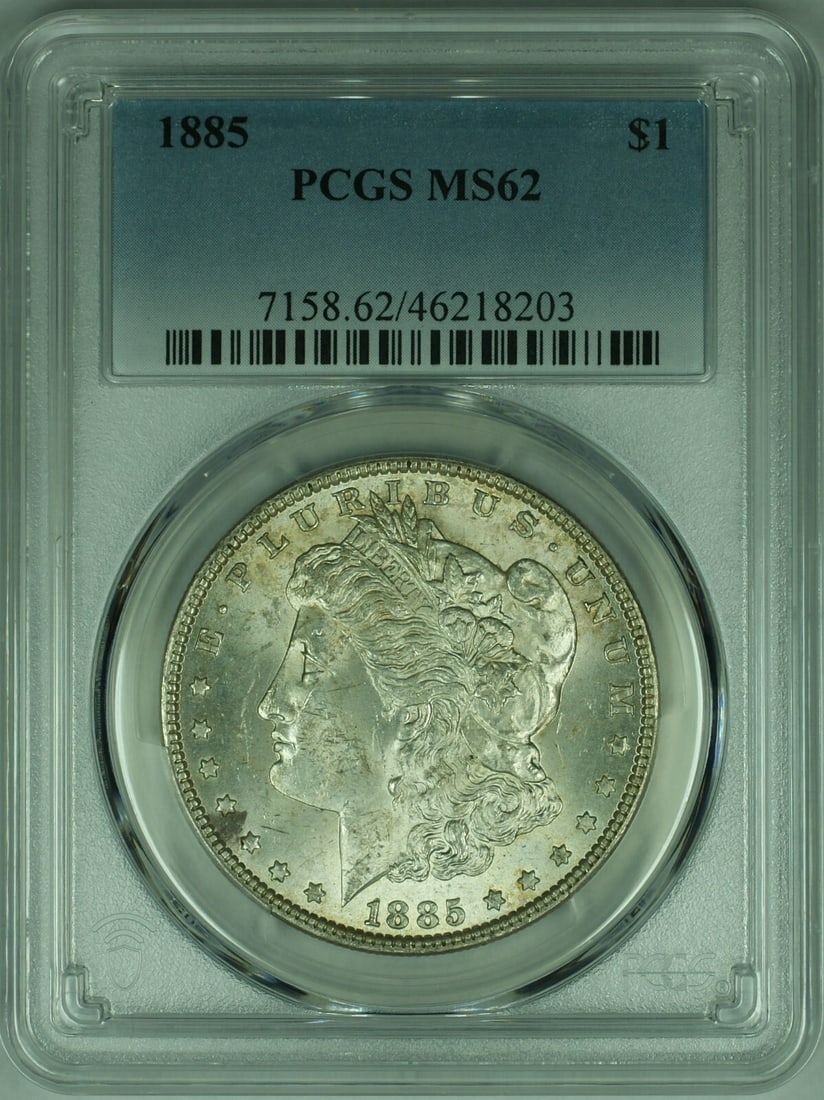 PCGS MS62 Graded 1885 Morgan Dollar Silver Coin Philadelphia Mint: PCGS MS62 Graded 1885 Morgan Dollar Silver Coin Philadelphia Mint This 1885 Morgan Silver Dollar was minted in Philadelphia and is certified by PCGS with a grade of MS-62. Composed of 90% silver, this
