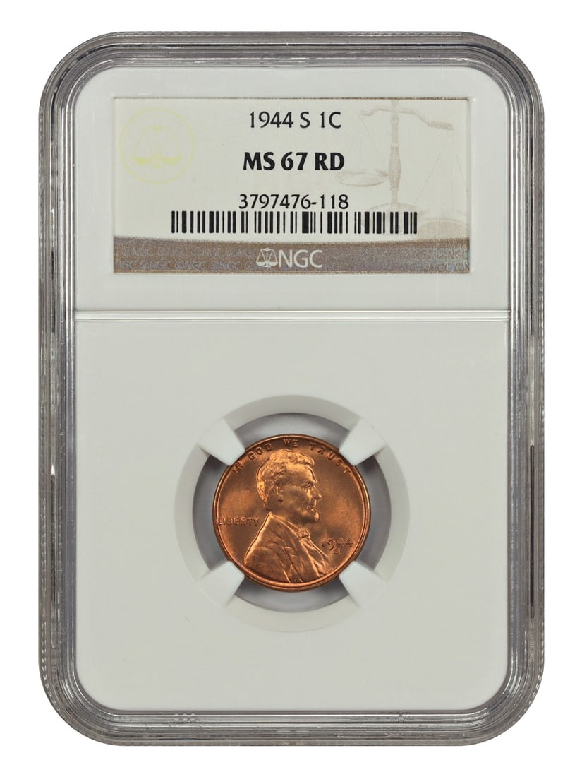 1944-S Lincoln Cent NGC MS67RD Wheat Reverse Uncirculated: 1944-S Lincoln Cent NGC MS67RD Wheat Reverse Uncirculated This 1944-S Lincoln Cent, featuring the Wheat Reverse, is certified by NGC with a grade of MS67RD, indicating it is in uncirculated condition.