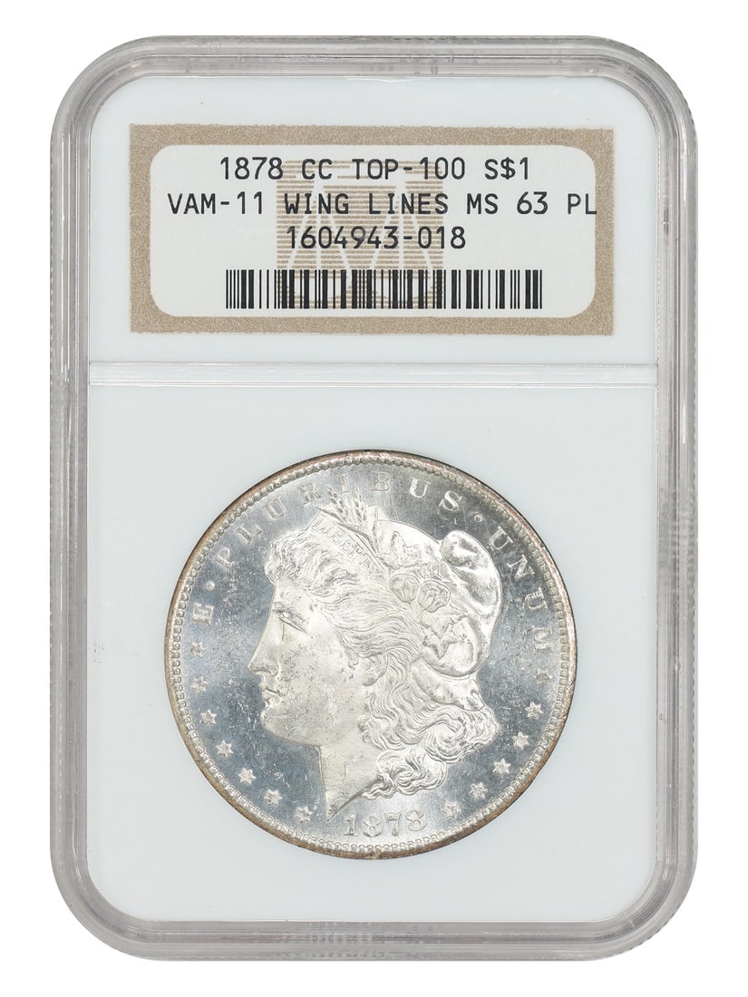 NGC MS63PL 1878 Carson City Morgan Dollar VAM-11 Lines in Wing: NGC MS63PL 1878 Carson City Morgan Dollar VAM-11 Lines in Wing This 1878-CC Morgan Dollar is certified by NGC with a grade of MS63PL and features the VAM-11 variety with lines in the wing. The coin is