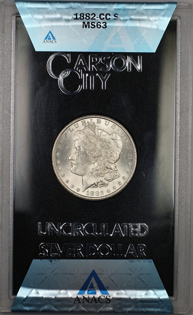 1882 Carson City Morgan Dollar GSA ANACS MS-63 in Box with COA: 1882 Carson City Morgan Dollar GSA ANACS MS-63 in Box with COA This 1882-CC Morgan Silver Dollar is part of the GSA Hoard and has been graded MS-63 by ANACS. Minted in Carson City, this uncirculated $