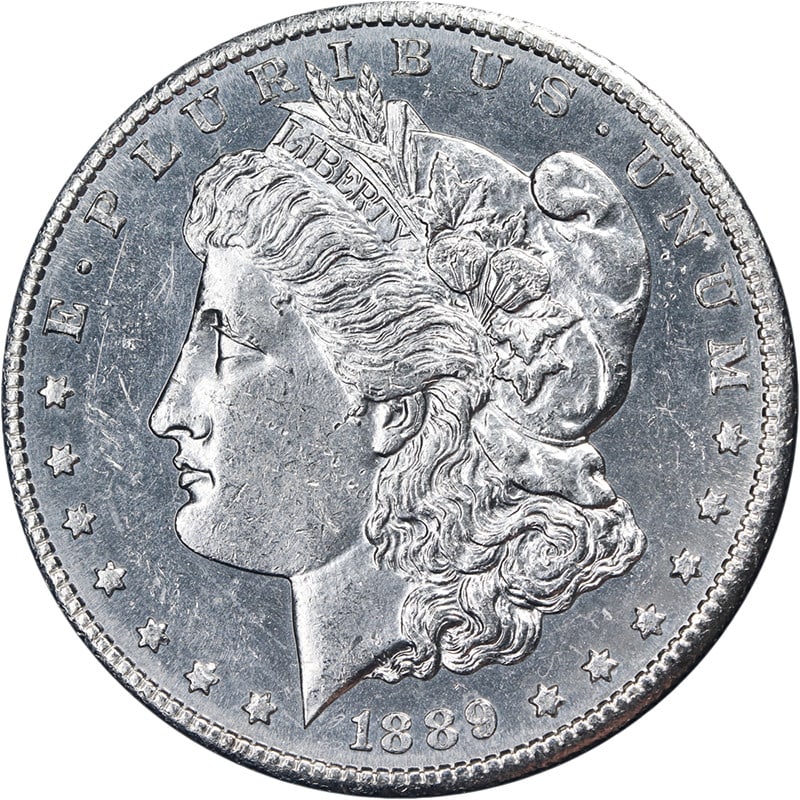 Uncirculated 1889-S Silver Morgan Dollar Strong Strike Bright Luster: Uncirculated 1889-S Silver Morgan Dollar Strong Strike Bright Luster This 1889-S Morgan Silver Dollar features bright white surfaces, attractive luster, and a strong strike. The coin displays nice col