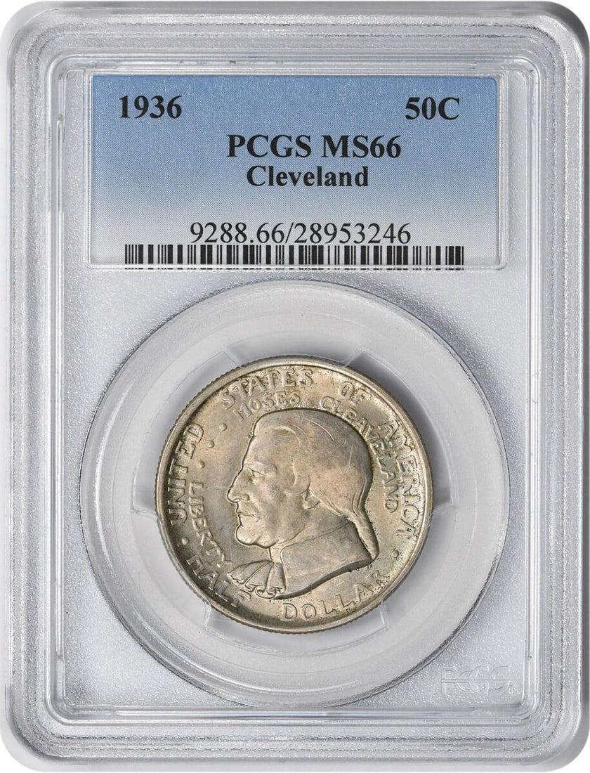 1936 Cleveland Commemorative Half Dollar MS66 PCGS 90% Silver: 1936 Cleveland Commemorative Half Dollar MS66 PCGS 90% Silver This 1936 Cleveland Commemorative Half Dollar is a remarkable piece graded MS66 by PCGS, indicating its exceptional quality. Struck in Phi