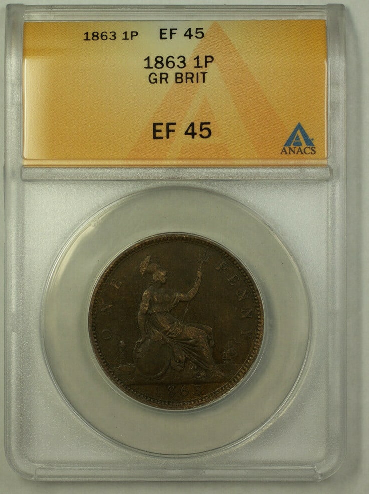 1863 United Kingdom Copper Penny ANACS Graded EF 45 Featuring Queen Victoria: 1863 United Kingdom Copper Penny ANACS Graded EF 45 Featuring Queen Victoria This is an 1863 Great Britain 1 Penny coin featuring Queen Victoria. The coin is composed of copper and has been graded EF 