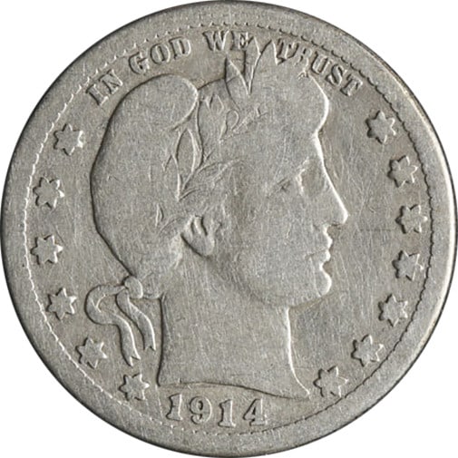 1914 San Francisco Silver Barber Quarter Dollar Coin United States: 1914 San Francisco Silver Barber Quarter Dollar Coin United States This is a 1914-S Barber Quarter from the United States, minted in San Francisco. Made of silver, this coin is circulated and pre-owne