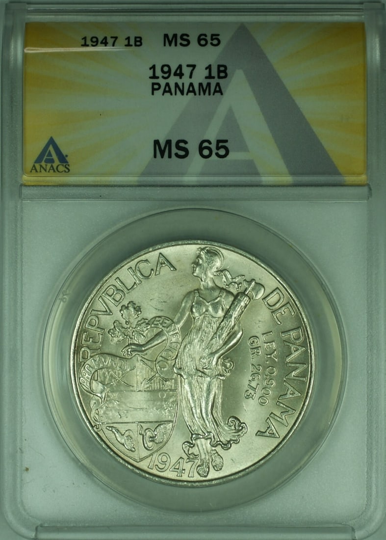 1947 Panama Silver 1 Balboa Coin ANACS MS-65 Certified: 1947 Panama Silver 1 Balboa Coin ANACS MS-65 Certified This is a 1947 Panama 1 Balboa silver coin, certified by ANACS with a grade of MS-65. The coin is uncirculated and composed of silver with a fine