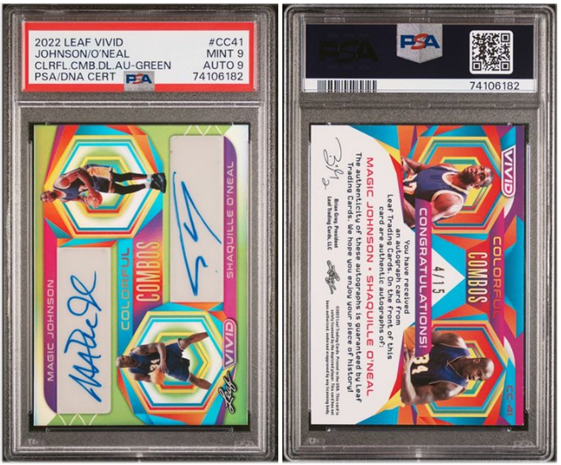 Shaquille O'Neal Magic Johnson 2022 Leaf Vivid Colorful Combos PSA 9 4/15: Shaquille O'Neal Magic Johnson 2022 Leaf Vivid Colorful Combos PSA 9 4/15 This collectible card features a vibrant and colorful combination of Shaquille O'Neal and Magic Johnson from the 2022 Leaf Viv