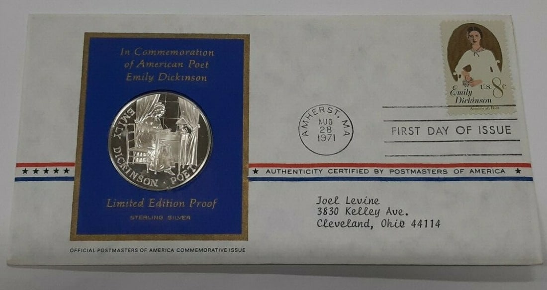 Emily Dickinson Sterling Silver Medal 1971 Postmasters of America Commemorative: Emily Dickinson Sterling Silver Medal 1971 Postmasters of America Commemorative This 1971 Postmasters of America commemorative medal honors the American poet Emily Dickinson. Struck in sterling silver