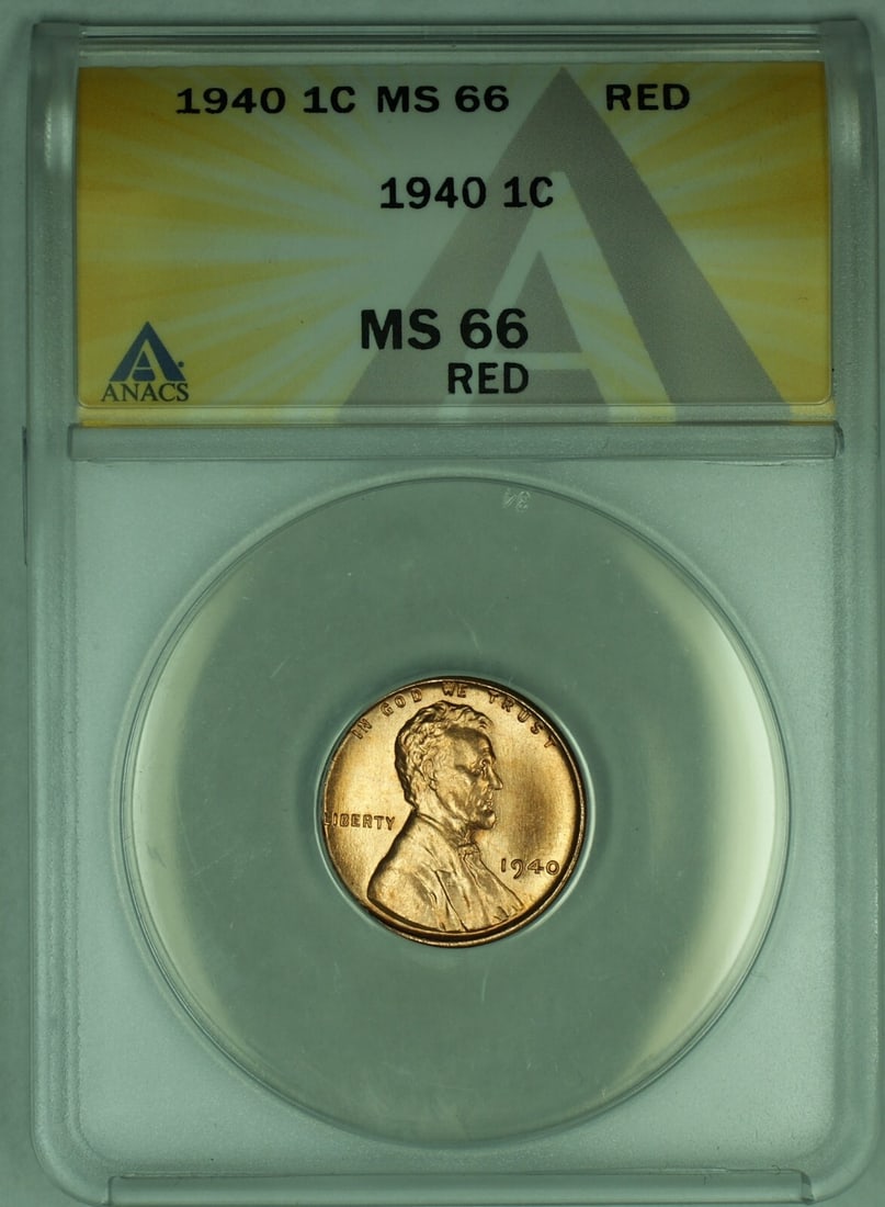 1940 Lincoln Wheat Small Cent ANACS MS 66 RD Certified Coin: 1940 Lincoln Wheat Small Cent ANACS MS 66 RD Certified Coin This is a 1940 Lincoln Wheat Cent 1C coin graded MS 66 RD by ANACS. The coin is uncirculated and features the distinctive red coloration, wi