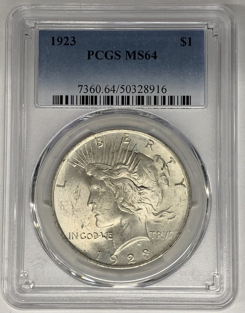 PCGS MS 64 1923 Silver Peace Dollar Uncirculated Coin: PCGS MS 64 1923 Silver Peace Dollar Uncirculated Coin This 1923 Peace Silver Dollar is a United States $1 coin, graded MS 64 and certified by PCGS. The coin is uncirculated and composed of silver. It 