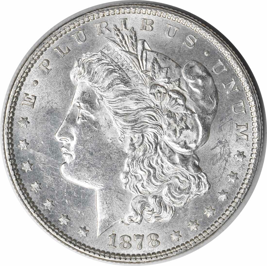 Reverse of 1878 Morgan Dollar Silver Coin Choice BU Uncirculated: Reverse of 1878 Morgan Dollar Silver Coin Choice BU Uncirculated This is an uncirculated 1878 Morgan Silver Dollar featuring the 7 tail feathers reverse of 1878. The coin is composed of silver, has no