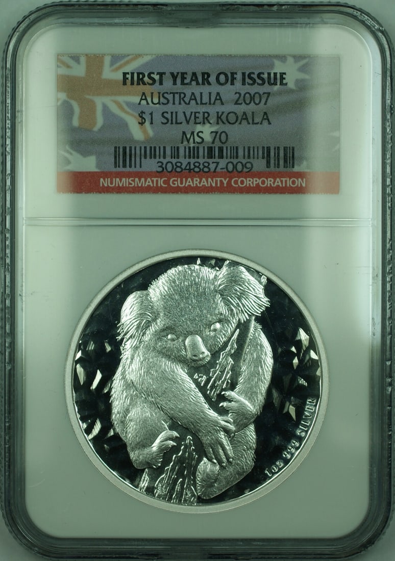 NGC MS 70 2007 Silver Koala One Ounce Australian Dollar First Year Release: NGC MS 70 2007 Silver Koala One Ounce Australian Dollar First Year Release This is a 2007 Australia Silver 1 Oz Koala $1 Dollar Coin, featuring a fineness of 0.999 silver. Graded MS 70 by NGC, it is a