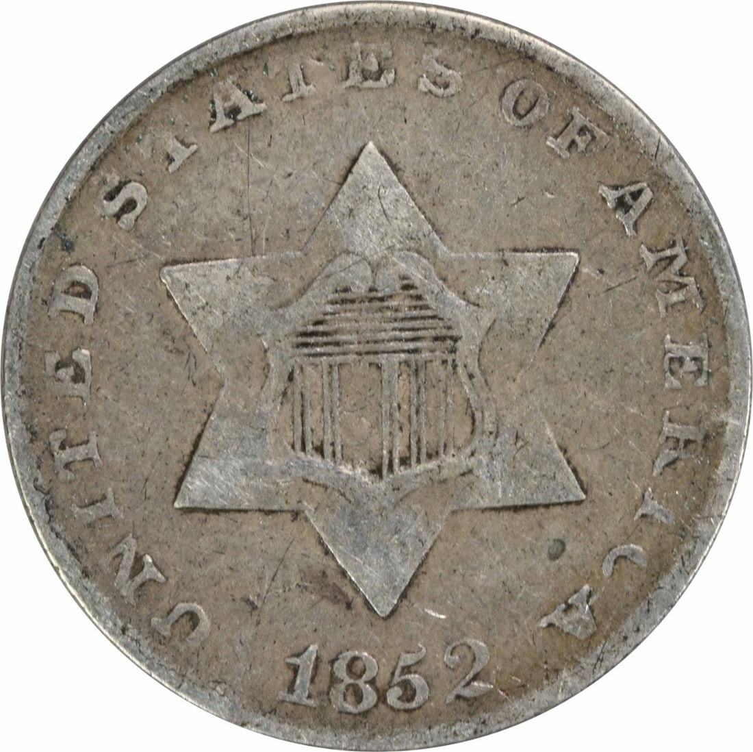 1852 Three Cent Silver Coin Uncertified Philadelphia Mint: 1852 Three Cent Silver Coin Uncertified Philadelphia Mint This 1852 Three Cent Silver coin hails from the United States and features a denomination of Three Cent. It is a circulated piece, graded as F