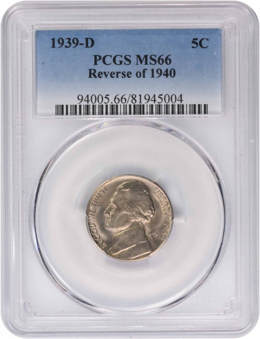 PCGS MS66 1939 D Five Cent Jefferson Reverse 1940 Nickel: PCGS MS66 1939 D Five Cent Jefferson Reverse 1940 Nickel This is a 1939-D Jefferson Nickel featuring the Reverse of 1940, certified by PCGS with a grade of MS66. The coin is uncirculated and composed 