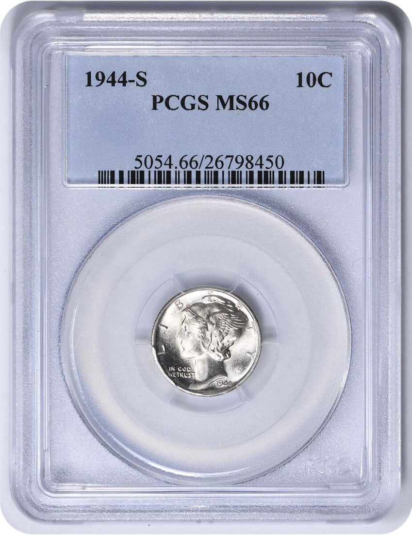 1944-S PCGS MS66 Mercury Silver Dime 90% Silver Coin: 1944-S PCGS MS66 Mercury Silver Dime 90% Silver Coin This 1944-S Mercury Silver Dime is graded MS66 by PCGS, indicating it is in uncirculated condition. Struck at the San Francisco mint, it features a