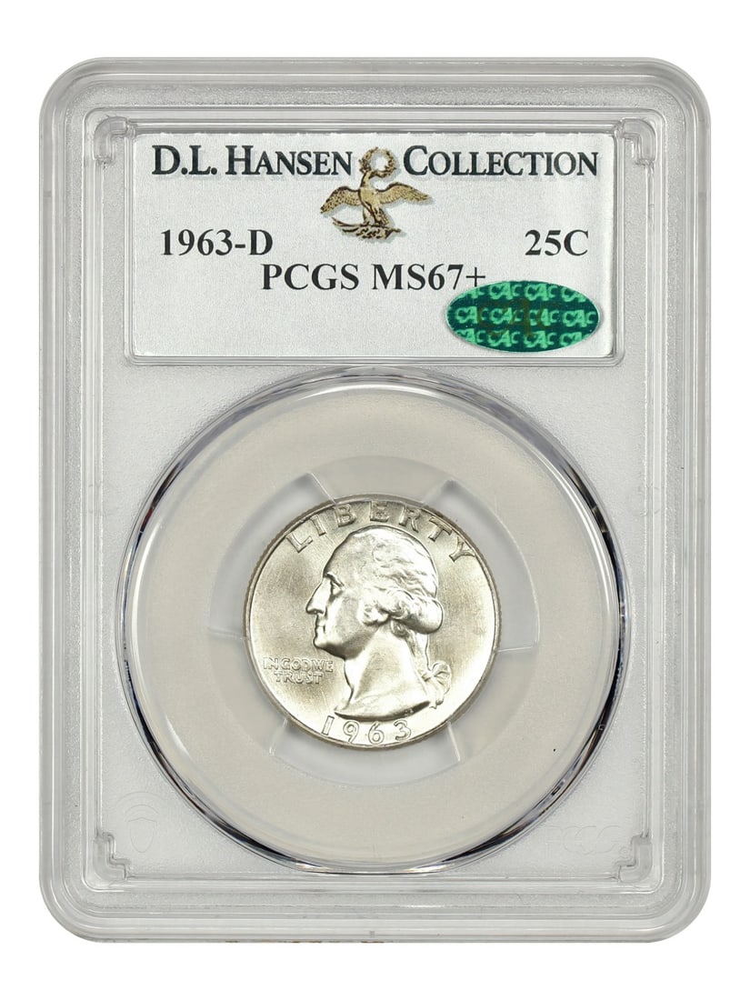 1963-D Washington Quarter PCGS CAC MS67+ D.L. Hansen Collection: 1963-D Washington Quarter PCGS CAC MS67+ D.L. Hansen Collection This exceptional 1963-D Washington Quarter is graded MS67+ by PCGS and features a CAC certification, indicating its high quality. Struck