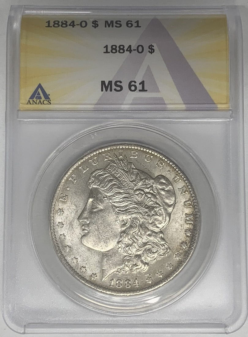 Lightly Toned 1884-O Morgan Dollar Silver $1 ANACS MS 61 Certified Coin: Lightly Toned 1884-O Morgan Dollar Silver $1 ANACS MS 61 Certified Coin This 1884-O Morgan Silver Dollar features a light toning and is certified by ANACS with a grade of MS 61. Uncirculated and compo