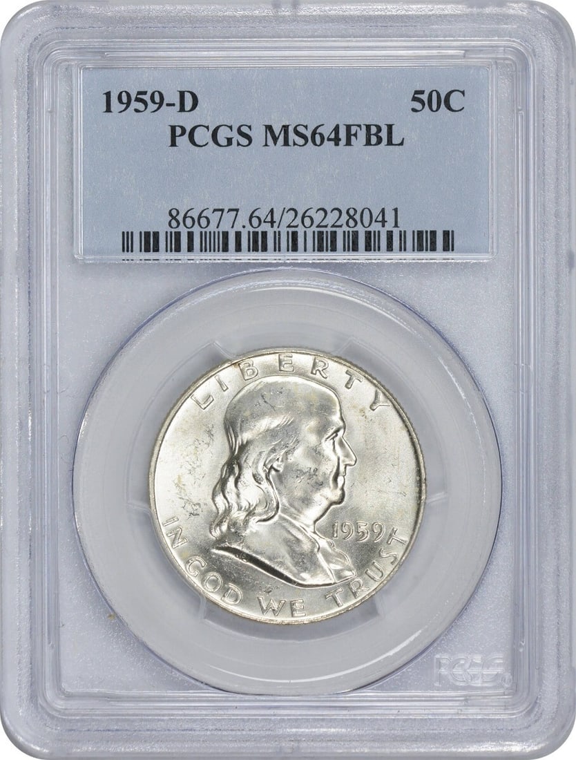1959-D Franklin Half Dollar MS64FBL PCGS 90% Silver Coin: 1959-D Franklin Half Dollar MS64FBL PCGS 90% Silver Coin This 1959-D Franklin Half Dollar features a stunning MS64FBL grade, certified by PCGS. Struck in Denver, this coin is composed of 90% silver an