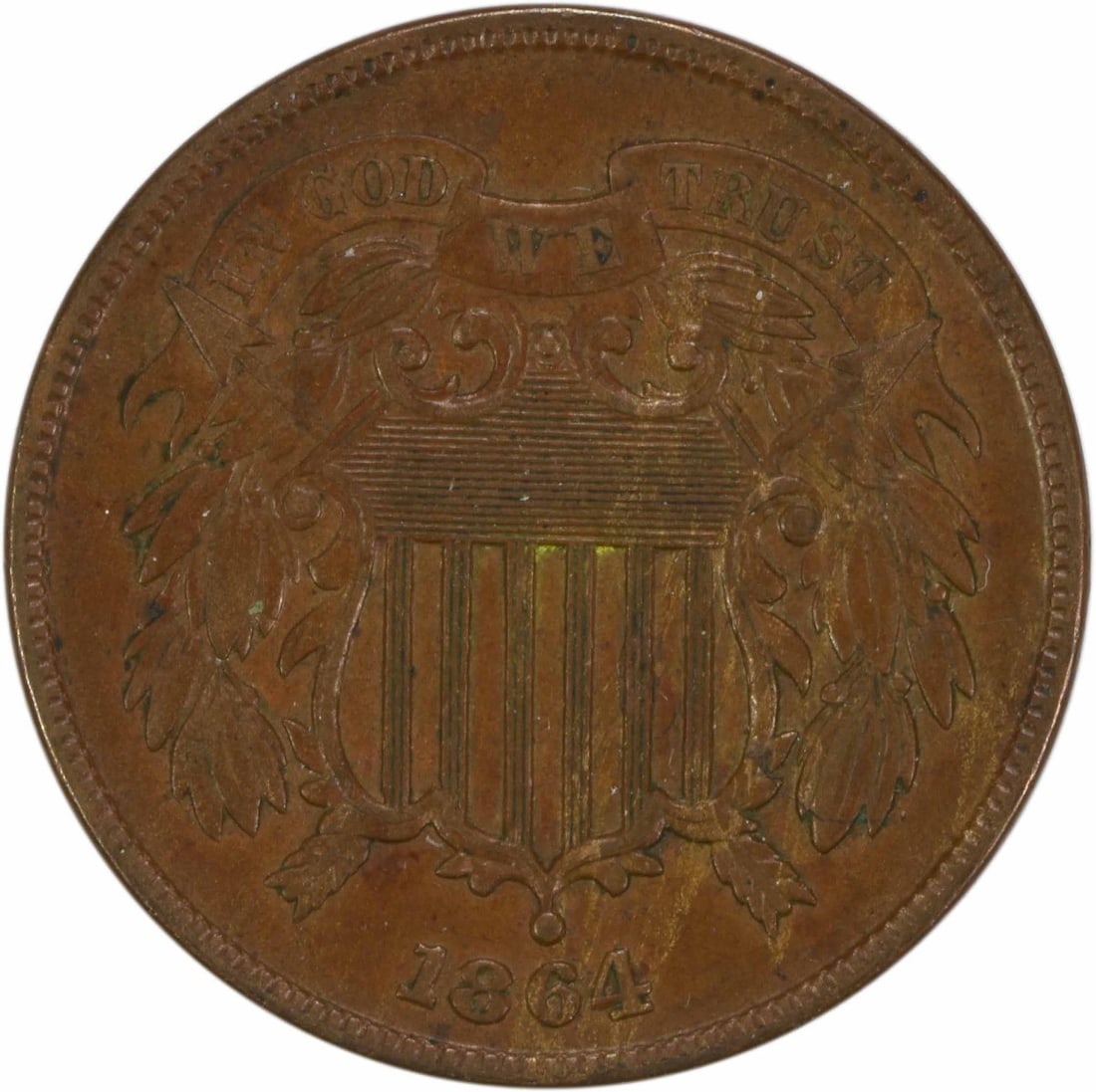1864 Two Cent Piece Bronze EF Uncertified Philadelphia Mint: 1864 Two Cent Piece Bronze EF Uncertified Philadelphia Mint This 1864 Two Cent Piece is a remarkable collectible coin, featuring a choice Extra Fine (EF) grade. Struck in bronze at the Philadelphia mi