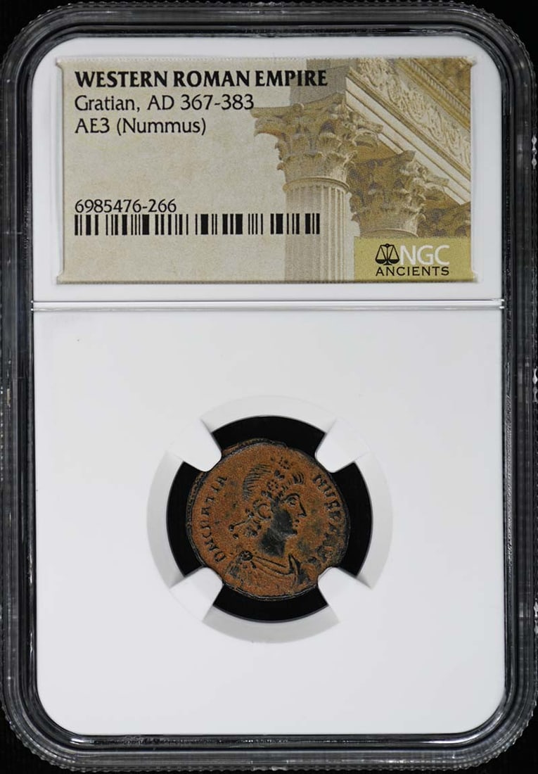 Western Roman Empire AE3 Nummus Coin Certified by NGC: Western Roman Empire AE3 Nummus Coin Certified by NGC This is a Western Roman Empire AE3 (Nummus) coin from the reign of Gratian, dated AD 367-383. The coin has been certified by NGC and originates fr