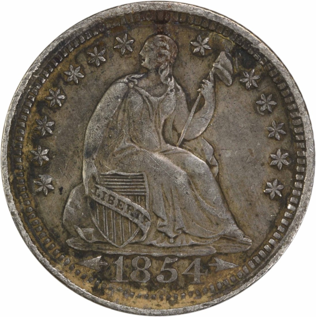 1854 Liberty Seated Half Dime 90% Silver EF Uncertified: 1854 Liberty Seated Half Dime 90% Silver EF Uncertified This 1854 Liberty Seated Silver Half Dime features a beautiful design by Christian Gobrecht. It is a circulated coin in Extra Fine (EF) conditio