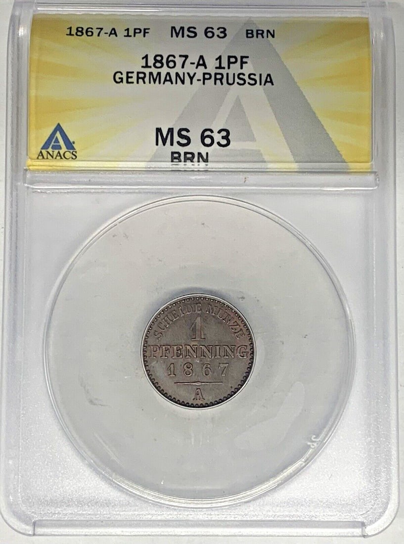 1867-A German States 1 Pfennig Coin ANACS MS 63 Brown: 1867-A German States 1 Pfennig Coin ANACS MS 63 Brown This 1867-A Germany 1 Pfennig coin is from the German States period prior to 1871. Certified by ANACS with a grade of MS 63 and a brown (BN) color