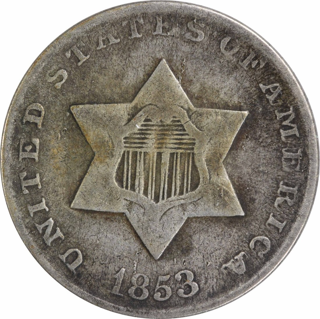 1853 Three Cent Silver Coin F Uncertified Philadelphia Mint: 1853 Three Cent Silver Coin F Uncertified Philadelphia Mint This 1853 Three Cent Silver coin is a notable piece from the United States, minted in Philadelphia. It features a grade of F and is composed