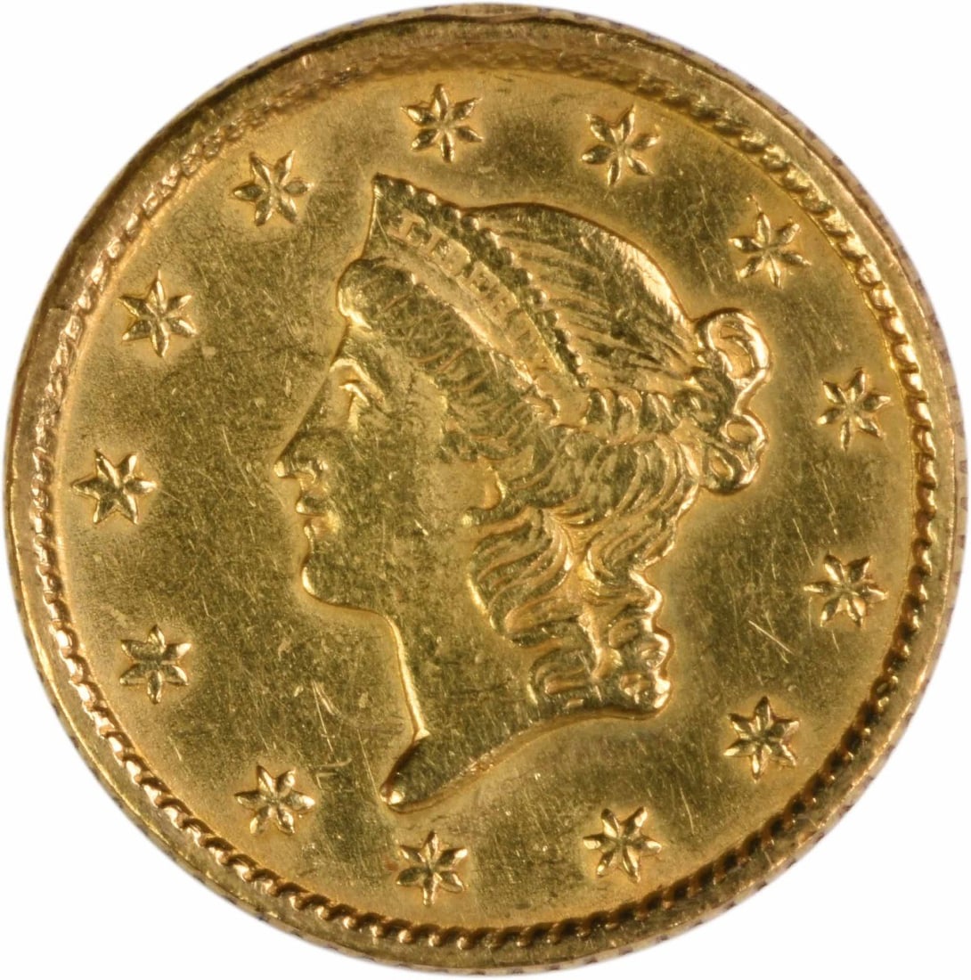 1853 Philadelphia $1 Gold Coin Type 1 Extra Fine Uncertified: 1853 Philadelphia $1 Gold Coin Type 1 Extra Fine Uncertified This is a circulated 1853 $1 Gold Type 1 coin from the United States, designed by James Barton Longacre and minted in Philadelphia. The coi