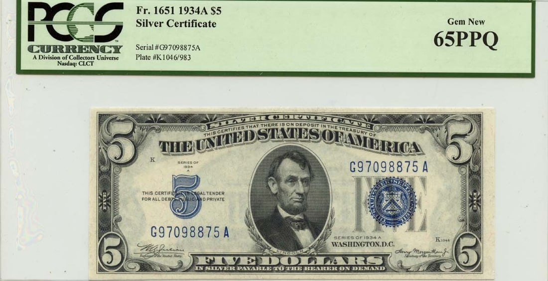 1934 Silver Certificate FR#1651 PCGS Gem 66 Currency Note: 1934 Silver Certificate FR#1651 PCGS Gem 66 Currency Note This 1934 Silver Certificate, designated as type 1651, showcases a beautiful blue design and has been graded by PCGS Currency. It is certified