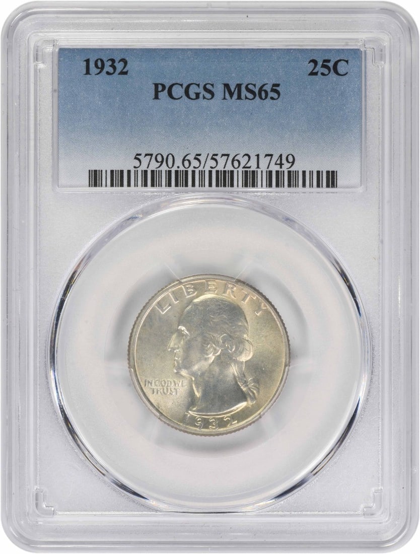 PCGS MS65 1932 Silver Washington Quarter United States Coin: PCGS MS65 1932 Silver Washington Quarter United States Coin This is a 1932 Washington Quarter composed of silver, graded MS65 by PCGS. The coin is uncirculated and was minted in the United States with