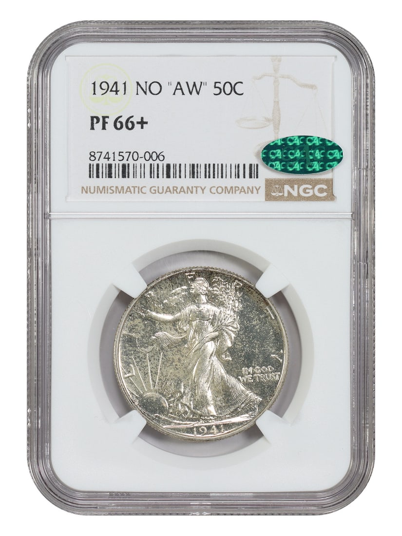 1941 Walking Liberty Half Dollar NGC CAC PR66 Plus No AW Variety: 1941 Walking Liberty Half Dollar NGC CAC PR66 Plus No AW Variety This 1941 Walking Liberty Half Dollar is a popular variety graded PR66+ by NGC and approved by CAC. Struck in Philadelphia with no 'AW'