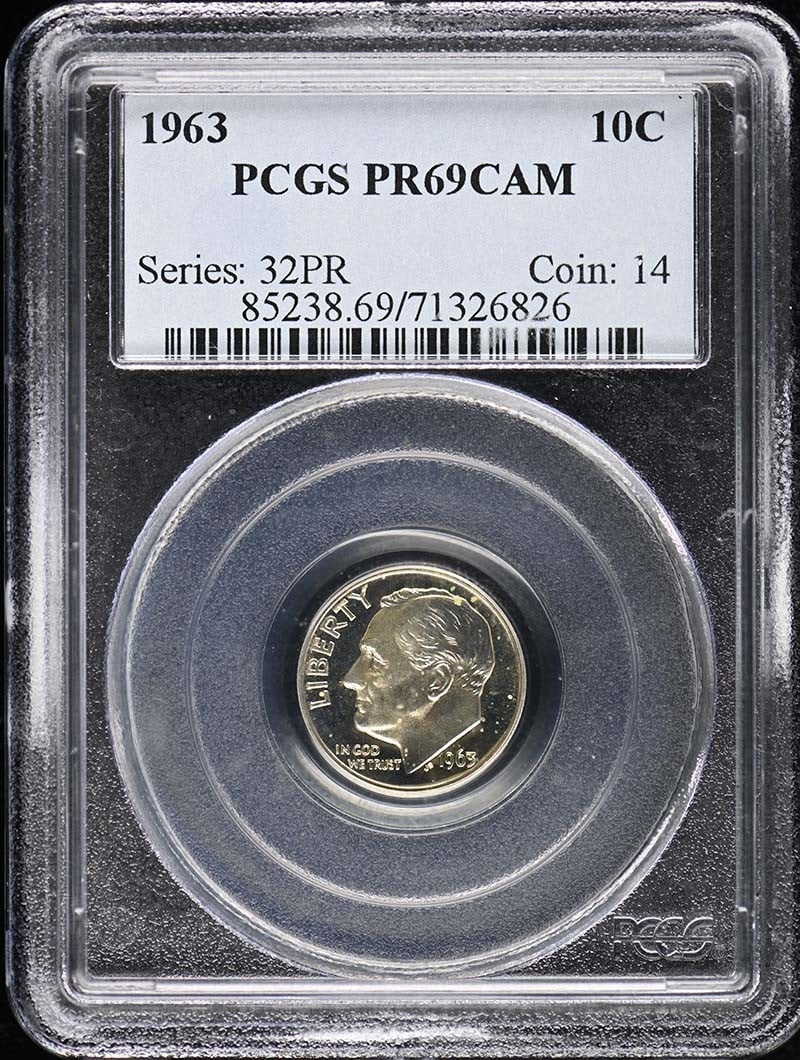 1963 Roosevelt Dime PCGS PR69CAM Uncirculated Coin: 1963 Roosevelt Dime PCGS PR69CAM Uncirculated Coin This 1963 Roosevelt Dime is a stunning example of numismatic craftsmanship, graded PR69CAM by PCGS. As an uncirculated proof coin, it showcases exqui