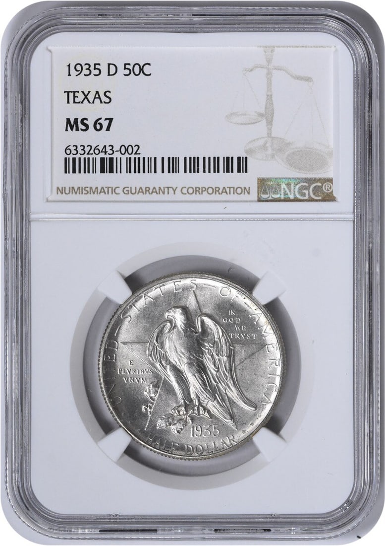 NGC MS67 1935-D Texas Commemorative Silver Half Dollar Denver Mint: NGC MS67 1935-D Texas Commemorative Silver Half Dollar Denver Mint This 1935-D Texas Commemorative Half Dollar is an uncirculated coin graded MS67 by NGC. Struck at the Denver Mint, it is composed of 