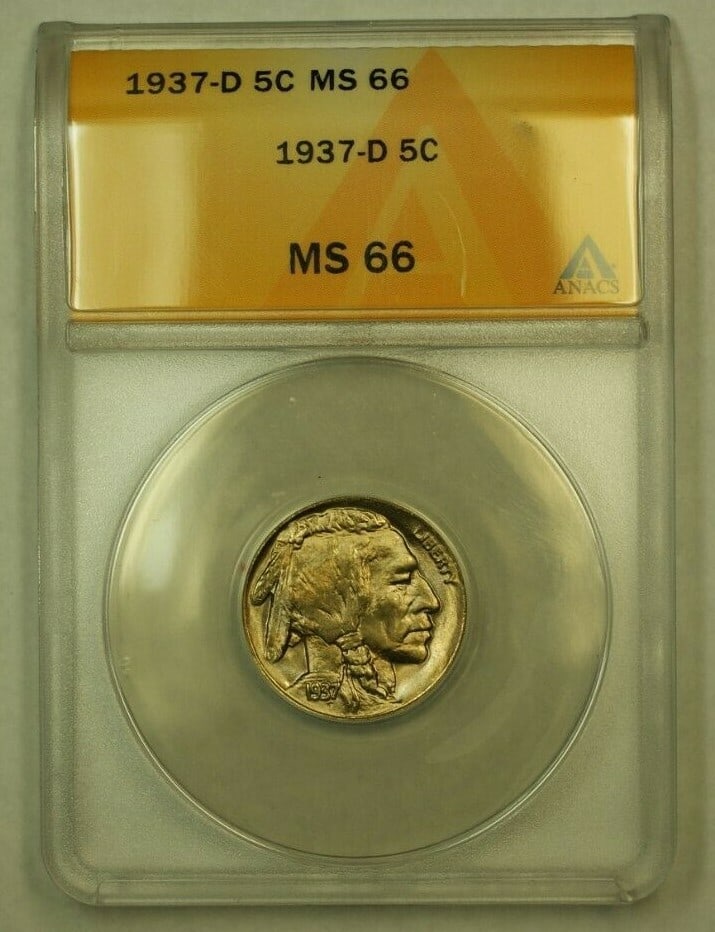 ANACS MS-66 1937 Denver Mint Buffalo Nickel Five Cent Coin: ANACS MS-66 1937 Denver Mint Buffalo Nickel Five Cent Coin This 1937-D Buffalo Nickel is a remarkable piece of numismatic history, certified by ANACS with a high grade of MS-66, indicating its uncircu