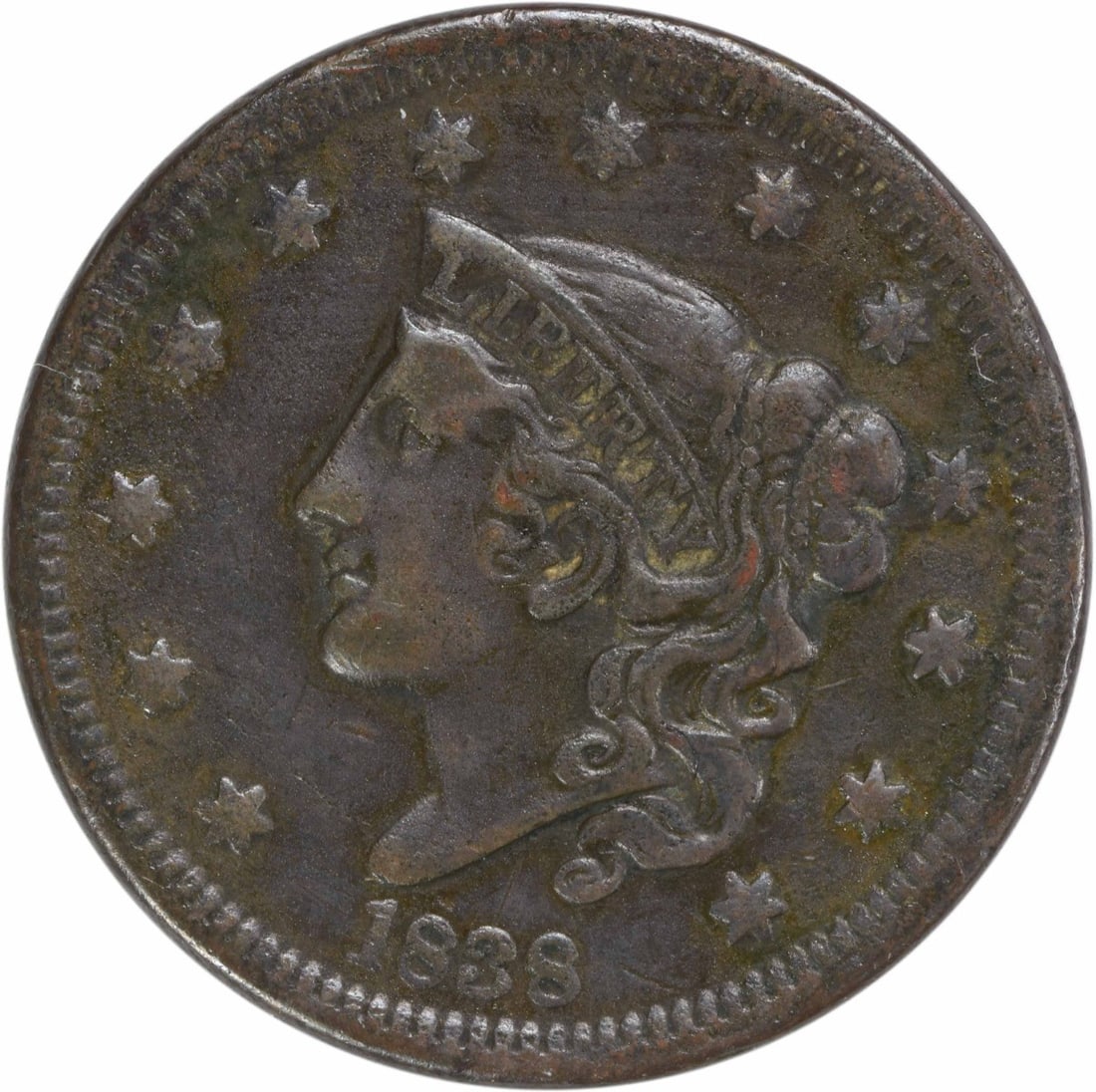 1838 Coronet Head Large Cent VF Uncertified Philadelphia Mint: 1838 Coronet Head Large Cent VF Uncertified Philadelphia Mint This 1838 Large Cent features the Coronet Head design by Gobrecht and is composed of copper. It is graded as VF (Very Fine) and shows sign