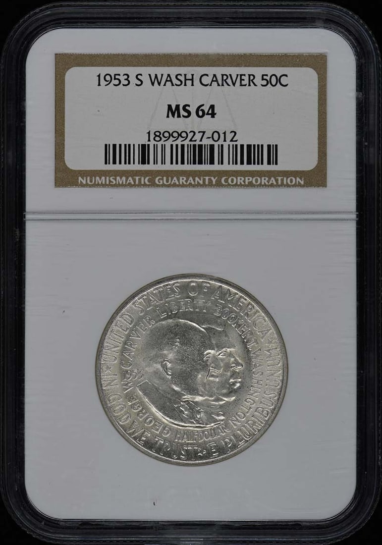 1953-S Washington-Carver Half Dollar Silver NGC MS64 San Francisco Mint: 1953-S Washington-Carver Half Dollar Silver NGC MS64 San Francisco Mint This is a 1953-S Washington-Carver silver commemorative half dollar graded MS64 by NGC. The coin is uncirculated and was minted 