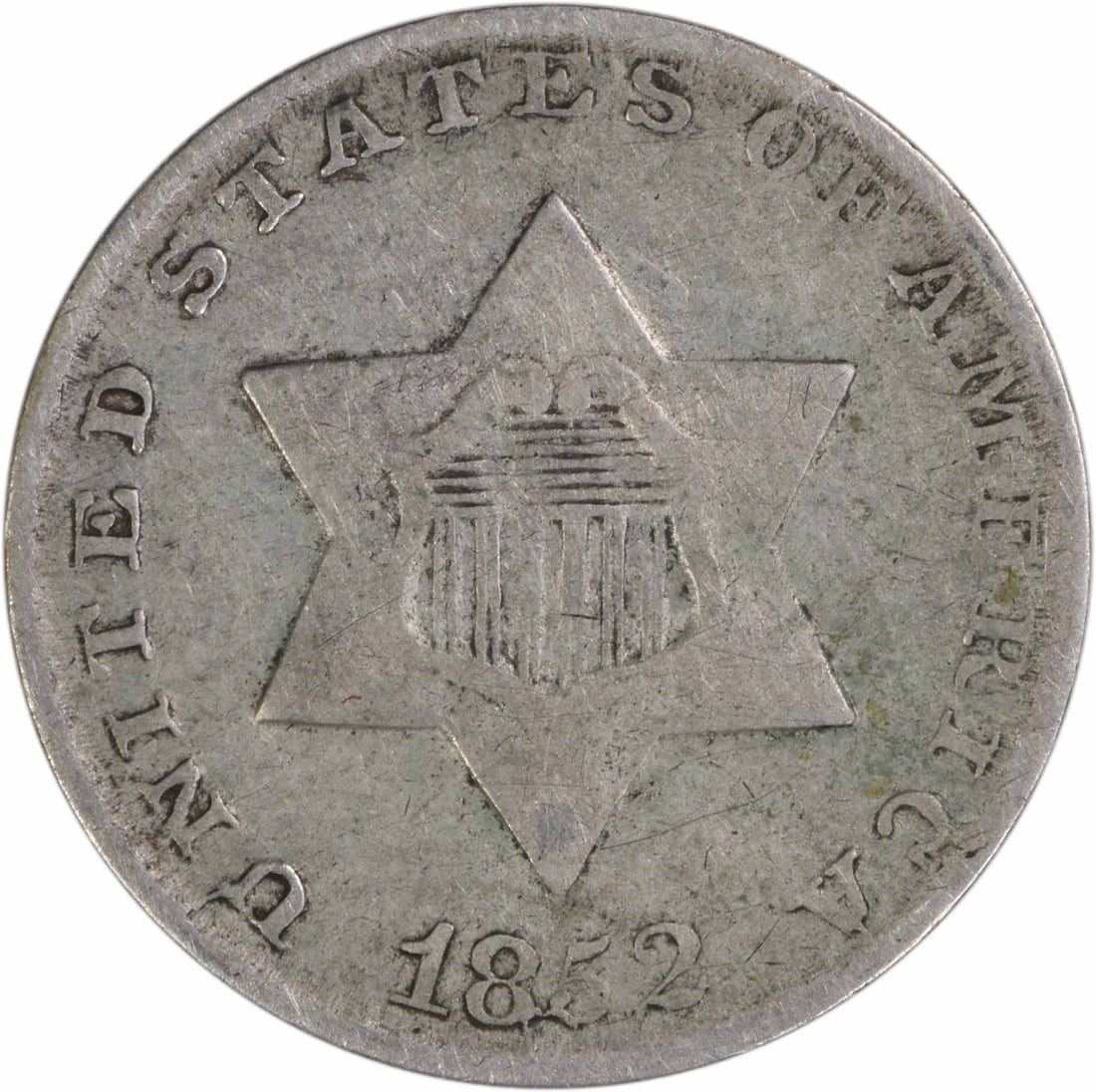 1852 United States Three Cent Silver Coin VF Philadelphia Uncertified: 1852 United States Three Cent Silver Coin VF Philadelphia Uncertified This 1852 Three Cent coin from the United States is composed of 75% silver and 25% copper. Designed by James Barton Longacre and m