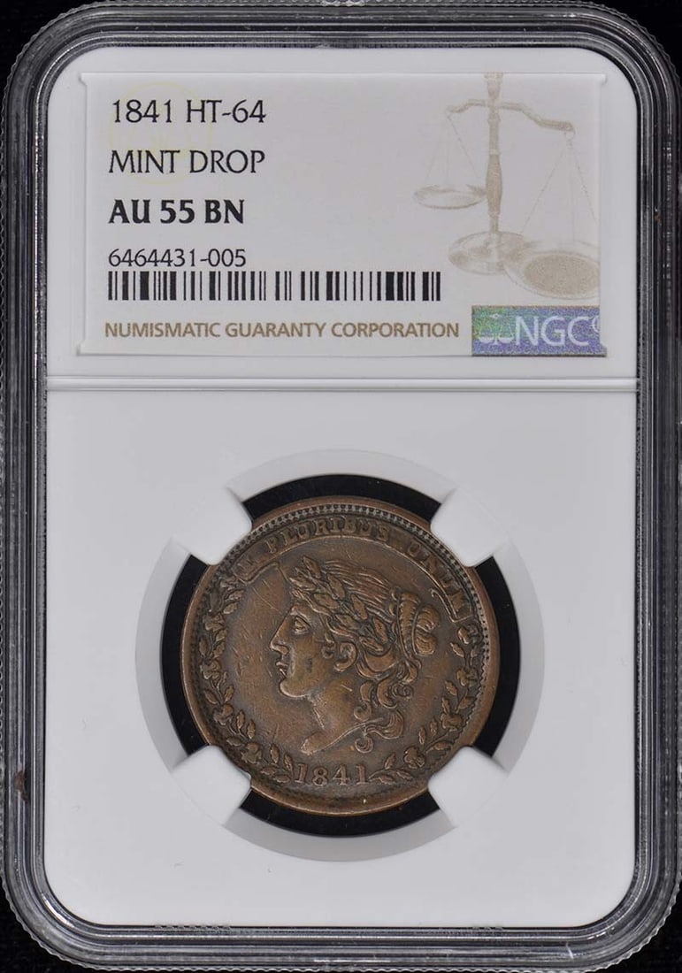 1841 Mint Drop HT-64 Token NGC AU55BN Certified: 1841 Mint Drop HT-64 Token NGC AU55BN Certified This 1841 HT-64 Hard Times Token, known as the "Mint Drop," has been graded AU55 Brown by NGC. Originating from the United States, this pre-owned token 