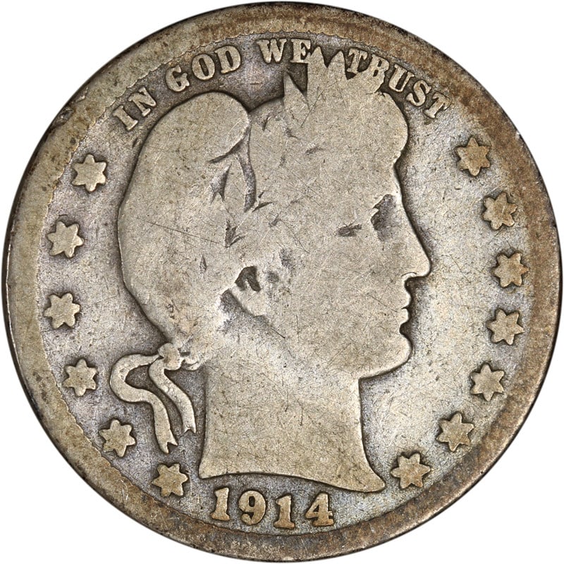 1914 San Francisco Silver Barber Quarter Circulated US Coin: 1914 San Francisco Silver Barber Quarter Circulated US Coin This is a 1914-S Barber Quarter from the United States, minted in San Francisco. The coin is composed of silver and is in circulated, pre-ow