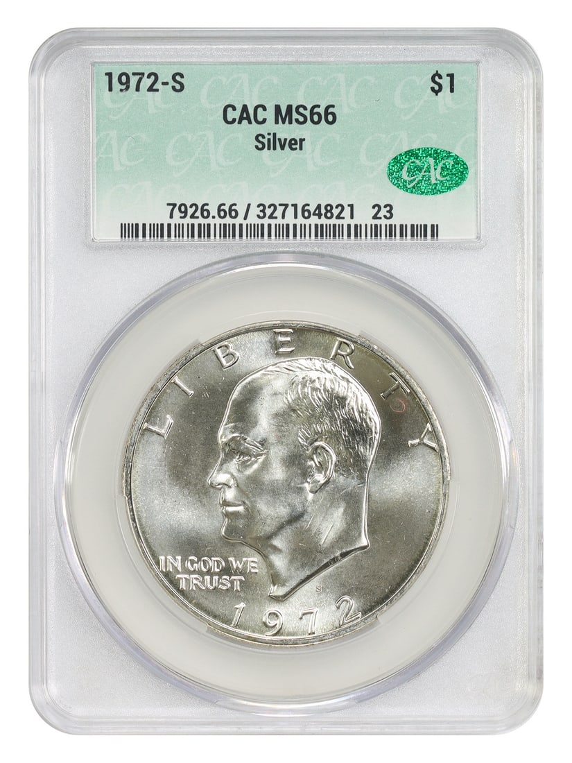 1972-S Eisenhower Dollar CACG MS66 Certified Silver Coin .3161 oz: 1972-S Eisenhower Dollar CACG MS66 Certified Silver Coin .3161 oz This 1972-S Eisenhower Dollar is composed of .3161 oz of silver and has been graded MS66 by CACG. It is an uncirculated coin struck at
