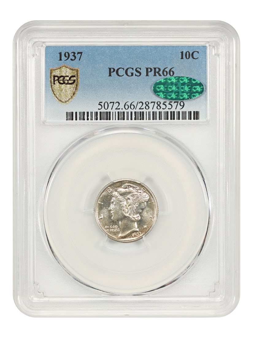 1937 Proof Mercury Dime PCGS CAC PR66 Philadelphia 10C: 1937 Proof Mercury Dime PCGS CAC PR66 Philadelphia 10C This 1937 Mercury Dime is a proof coin graded PR66 by PCGS and verified by CAC. It belongs to the Mercury Dime series and was minted in Philadelp