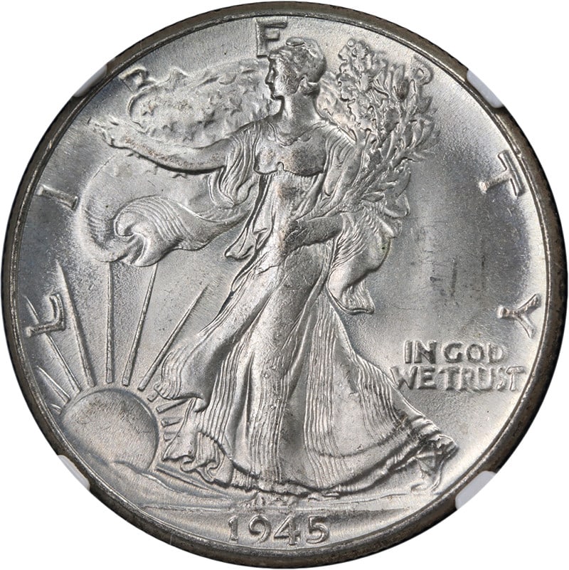 NGC MS63 1945-P Walking Liberty Half Dollar Silver Coin: NGC MS63 1945-P Walking Liberty Half Dollar Silver Coin This original, undipped 1945-P Walking Liberty Half Dollar has been certified by NGC as MS63. The coin features attractive luster, strong strike