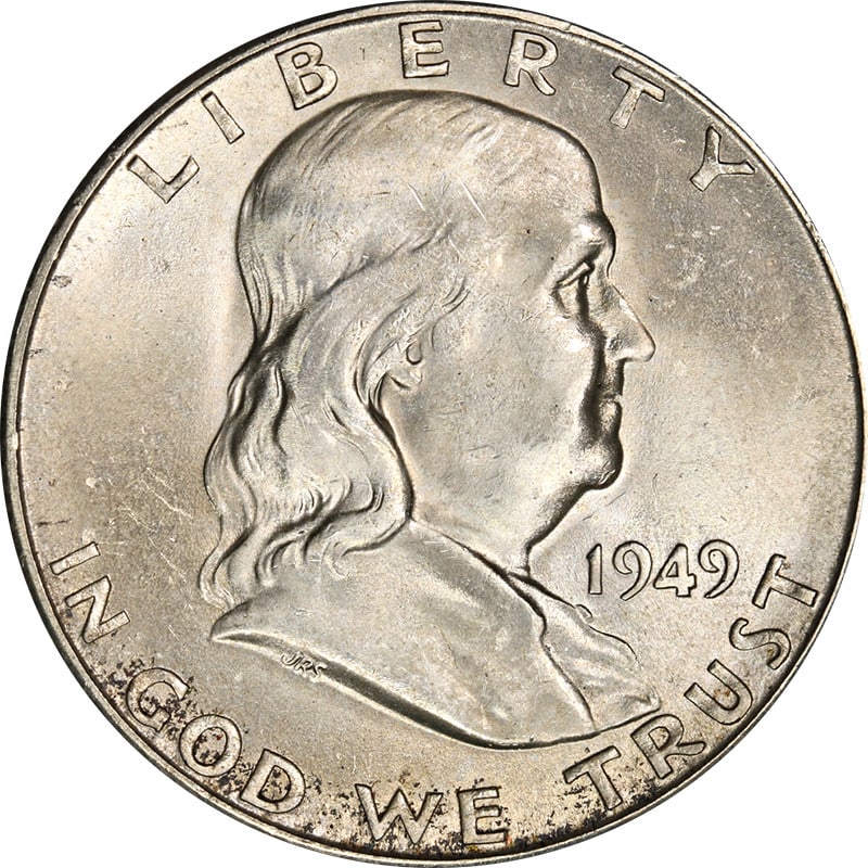 1949 San Francisco Mint Silver Franklin Half Dollar Coin: 1949 San Francisco Mint Silver Franklin Half Dollar Coin This is a 1949-S Franklin Half Dollar struck at the San Francisco Mint. The coin is composed of silver and has been circulated. It is uncertifi