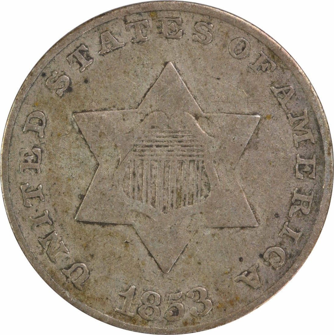 1853 Three Cent Silver Coin Uncertified Philadelphia Mint: 1853 Three Cent Silver Coin Uncertified Philadelphia Mint This 1853 Three Cent Silver coin is a notable piece of American numismatic history. Struck at the Philadelphia Mint, this circulated coin feat
