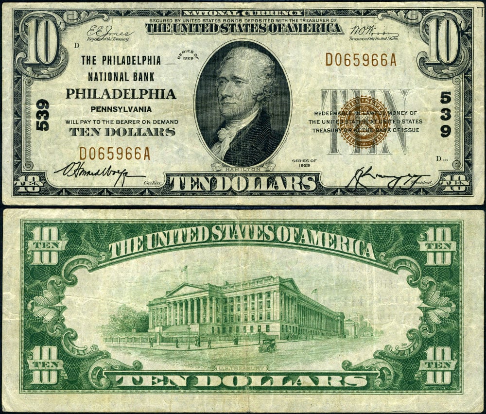 1929 T-1 $10 Philadelphia National Bank Note Ch #539 Circulated: 1929 T-1 $10 Philadelphia National Bank Note Ch #539 Circulated This 1929 T-1 National Bank Note from Philadelphia, Pennsylvania, features a denomination of $10 and is graded VF+. This banknote is cir