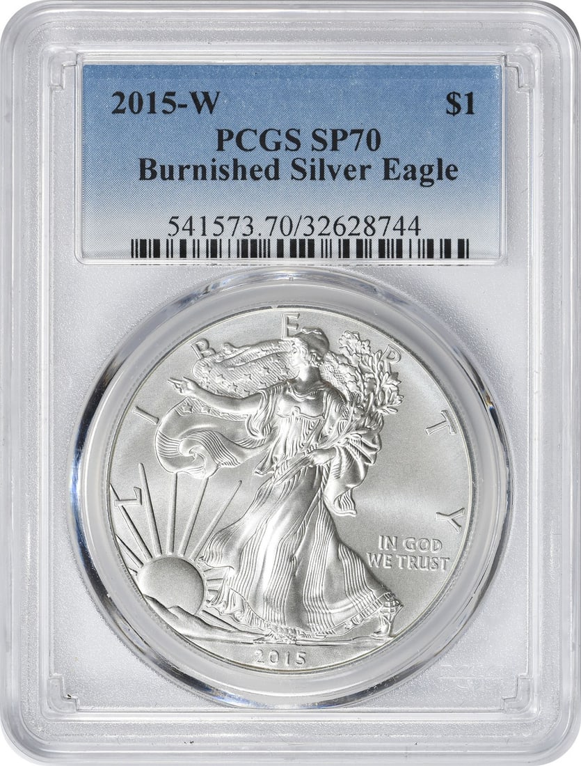 2015 Burnished Silver American Eagle Dollar PCGS SP70 Certified: 2015 Burnished Silver American Eagle Dollar PCGS SP70 Certified This 2015-W $1 American Silver Eagle features a burnished finish and is certified by PCGS with a SP70 grade. Struck by the U.S. Mint, th