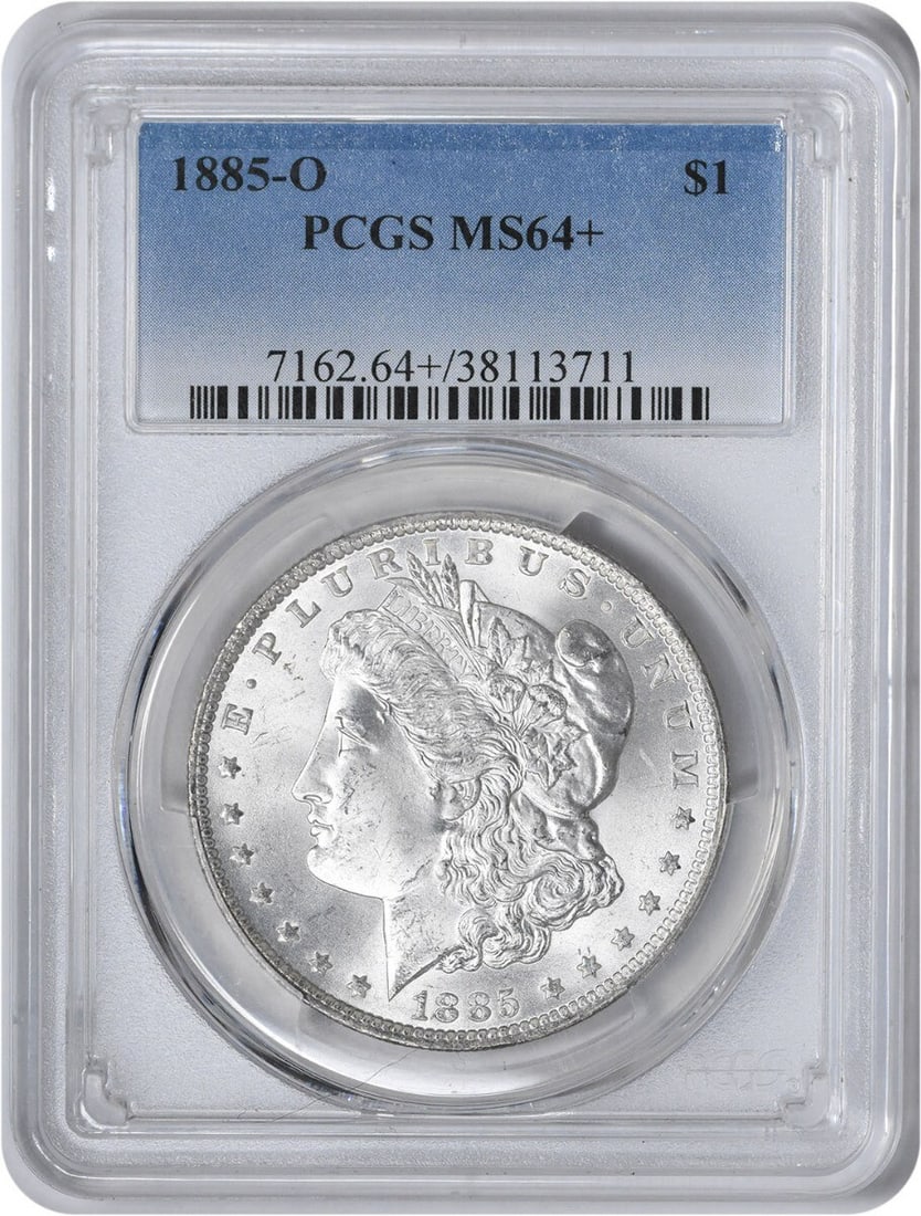 1885-O Morgan Silver Dollar MS64 PCGS Certified Uncirculated: 1885-O Morgan Silver Dollar MS64 PCGS Certified Uncirculated This 1885-O Morgan Silver Dollar is a stunning piece, showcasing the craftsmanship of designer George T. Morgan. Graded MS64 by PCGS, this 
