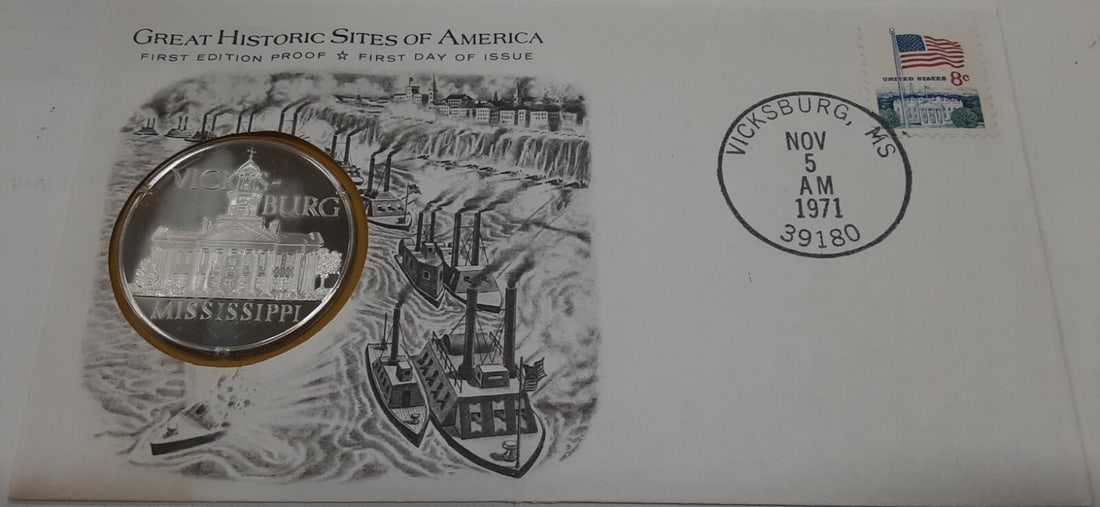Proof Sterling Silver Vicksburg Historic Sites Medal in 1971 First Day Cover: Proof Sterling Silver Vicksburg Historic Sites Medal in 1971 First Day Cover This collectible set features a limited edition 1971 Vicksburg, Mississippi Great Historic Sites proof medal issued by the 