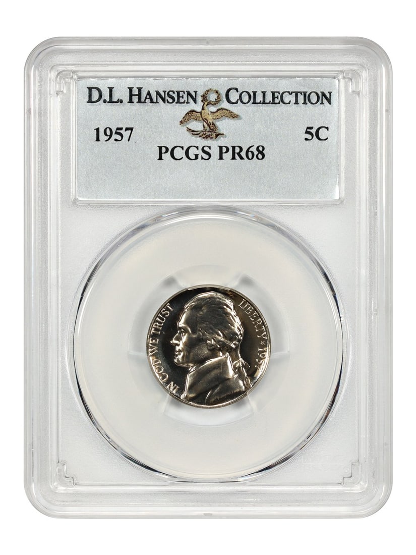 1957 Jefferson Nickel PCGS PR68 Proof ex D.L. Hansen: 1957 Jefferson Nickel PCGS PR68 Proof ex D.L. Hansen This 1957 Jefferson Nickel is graded PR68 by PCGS and originates from the D.L. Hansen collection. Struck in Philadelphia, this uncirculated proof c