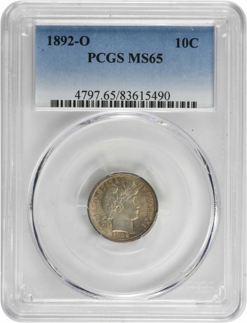 1892-O Barber Dime MS65 PCGS Uncirculated 90% Silver: 1892-O Barber Dime MS65 PCGS Uncirculated 90% Silver This 1892-O Barber Silver Dime is a stunning collector's piece, certified by PCGS with a grade of MS65, indicating its exceptional quality. Struck 